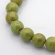 Handmade Fancy Antique Glazed Porcelain Ceramic Round Beads Strands, Yellow Green, 12~13mm, Hole: 2mm, about 30pcs/strand, 15.74 inch(PORC-L019-13mm-10)
