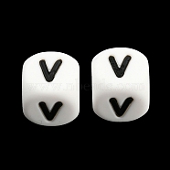 20Pcs White Cube Letter Silicone Beads 12x12x12mm Square Dice Alphabet Beads with 2mm Hole Spacer Loose Letter Beads for Bracelet Necklace Jewelry Making, Letter.V, 12mm, Hole: 2mm(JX432V)