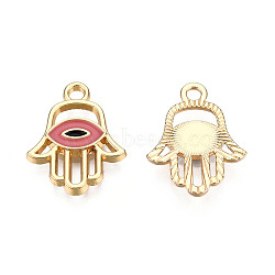 Light Gold Plated Alloy Pendants, with Enamel, Hamsa Hand/Hand of Miriam with Evil Eye, Pale Violet Red, 20x15.5x2.5mm, Hole: 2mm(ENAM-T009-17C)