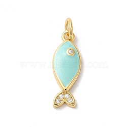 Rack Plating Brass Clear Cubic Zirconia Pendants, with Enamel and Jump Ring, Long-Lasting Plated, Cadmium Free & Lead Free, Fish, Real 18K Gold Plated, Turquoise, 18x7x3mm, Hole: 3mm(KK-Z056-33G-02)