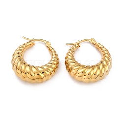 Ion Plating(IP) 304 Stainless Steel Hoop Earrings, Hypoallergenic Earrings, Textured, Double Horn/Crescent Moon, Real 24K Gold Plated, 28x25x9mm, Pin: 1mm(EJEW-O096-40G)