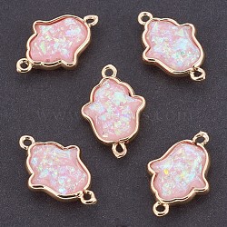 Resin Links connectors, with Brass Findings, Hamsa Hand/Hand of Fatima/Hand of Miriam, Golden, Pink, 20x13x4mm, Hole: 1~1.4mm(KK-G347-01G-A)