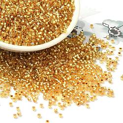 Glass Seed Beads, Silver Lined, Cylinder, Gold, 2x1.5mm, Hole: 1.4mm, about 5599pcs/50g(X-SEED-S042-04B-12)