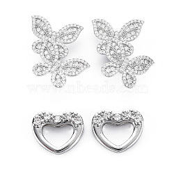Brass Micro Pave Clear Cubic Zirconia Clasps, Nickel Free, Butterfly, Real Platinum Plated, butterfly: 36.5x24x9.5mm, Hole: 1.2mm, Heart: 9x11x3mm, hole: 1.5x1mm(KK-S356-503-NF)