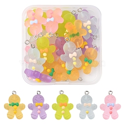 20Pcs 5 Colors Christmas Transparent Resin Pendants, Frosted, with Platinum Tone Iron Loops, Gingerbread Man Charm, Mixed Color, 26x18.5x7mm, Hole: 2mm, 4pcs/color(RESI-FS0001-41)