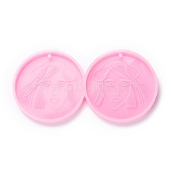 Food Grade Pendant Silicone Molds, for Earring Makings, Bakeware Tools, For DIY Cake Decoration, Chocolate, Candy Mold, Flat Round with Woman Pattern, Pink, 42x84x5mm, Hole: 1.6mm, Inner Diameter: 39.5mm(DIY-D050-19)