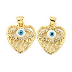 Rack Plating Brass Enamel Cubic Zirconia Pendants, Long-Lasting Plated, Lead Free & Cadmium Free, Real 18K Gold Plated, Heart with Evil Eye, Real 18K Gold Plated, 19.5x17x4.5mm, Hole: 5x3.2mm(KK-B091-10)