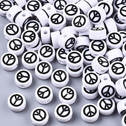 Opaque Acrylic Beads, with Enamel, Flat Round with Peace Sign, Black, White, 7x4mm, Hole: 1.6mm(X-MACR-N008-20A-01)