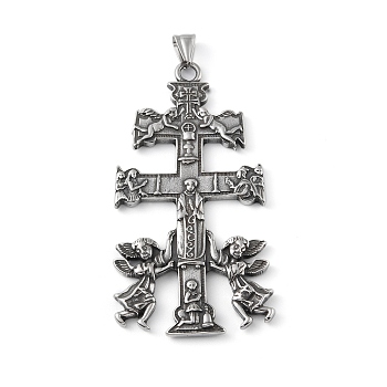 304 Stainless Steel Big Pendants, with 201 Stainless Steel Snap on Bails, Cross with Angel Charm, Antique Silver, 83x44.5x4mm, Hole: 9x4mm