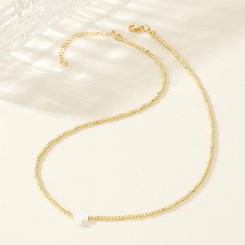 Real 18K Gold Plated 2mm Round Brass Beaded Necklaces, Cross Necklaces, White, 16.54 inch(42cm)