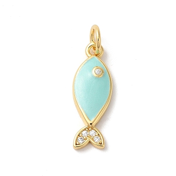 Rack Plating Brass Clear Cubic Zirconia Pendants, with Enamel and Jump Ring, Long-Lasting Plated, Cadmium Free & Lead Free, Fish, Real 18K Gold Plated, Turquoise, 18x7x3mm, Hole: 3mm