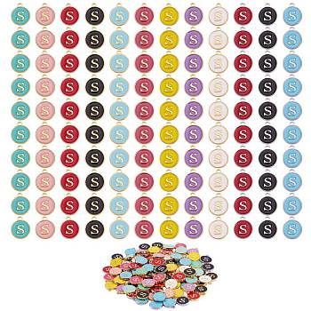 120Pcs 12 Colors Golden Plated Alloy Charms, with Enamel, Enamelled Sequins, Flat Round with Letter, Letter.S, 14x12x2mm, Hole: 1.5mm, 10pcs/color