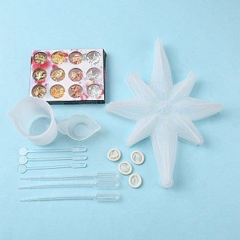 Olycraft DIY Eight Pointed Star Silicone Molds Kits, Including UV Gel Nail Art Tinfoi, Plastic Round Stirring Rod, Plastic Pipettes, Latex Finger Cots, Silicone Stirring Bowl, Plastic Measuring Cup, White, 235x175x19mm, Hole: 5mm, 2pcs