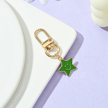 Star with Smiling Face Alloy Enamel Pendant Decorations, with Alloy Swivel Clasps, Green, 53mm