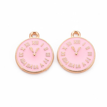 Clock Alloy Enamel Pendants, Pink, Light Gold, 17x14.5x1.5mm, Hole: 1.5mm