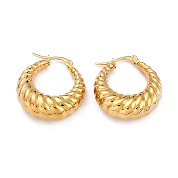304 Stainless Steel Hoop Earrings, Hypoallergenic Earrings, Textured, Double Horn/Crescent Moon, Real 24K Gold Plated, 28x25x9mm, Pin: 1mm