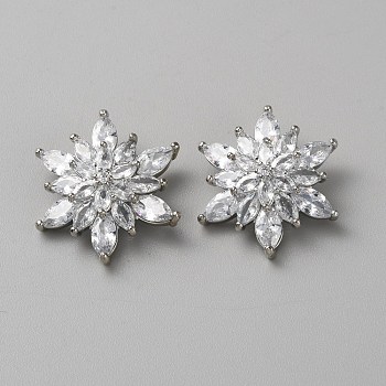 Brass Micro Pave Cubic Zirconia Shank Buttons, Snowflake, Platinum, 25.5x22.5x10mm, Hole: 1.4mm