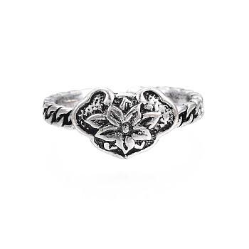 Heart with Flower Alloy Open Cuff Ring for Women, Cadmium Free & Lead Free, Antique Silver, US Size 5 1/2(16.1mm)