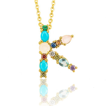 Golden Brass Micro Pave Cubic Zirconia Initial Pendants Necklaces, with Cable Chains, Colorful, Letter, Letter.K, 17.9~18.1 inch(45.5~46cm)x1.5mm, LetterK: 19x14x6mm
