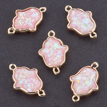 Resin Links connectors, with Brass Findings, Hamsa Hand/Hand of Fatima/Hand of Miriam, Golden, Pink, 20x13x4mm, Hole: 1~1.4mm