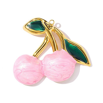 304 Stainless Steel Enamel Pendants, Hand Polished Cherry Charms, Ion Plating(IP), Real 18K Gold Plated, Pearl Pink, 49x43mm