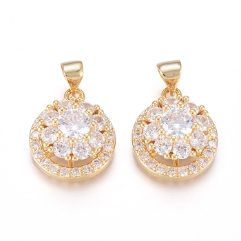 Brass Micro Pave Cubic Zirconia Pendants, Long-Lasting Plated, Flat Round with Flower, Flower Able Rotate, Golden, Clear, 17.5x14.5x8mm, Hole: 4x3.5mm