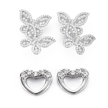 Brass Micro Pave Clear Cubic Zirconia Clasps, Nickel Free, Butterfly, Real Platinum Plated, butterfly: 36.5x24x9.5mm, Hole: 1.2mm, Heart: 9x11x3mm, hole: 1.5x1mm