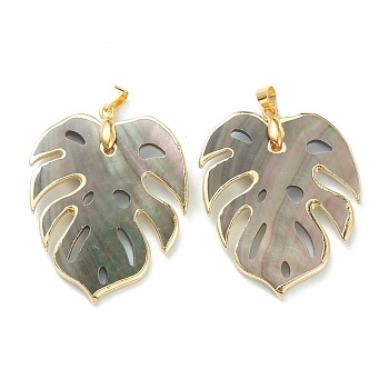 Natural Black Lip Shell Pendants, with Golden Plated Brass Findings, Leaf, 42x32x1.8mm, Hole: 4x3.5mm