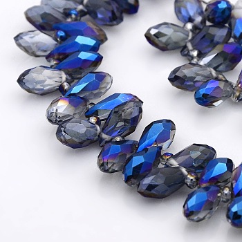 Half Plated Faceted Teardrop Electroplate Glass Pendants Beads Strands, Top Drilled Beads, Blue Plated, 12x6mm, Hole: 1mm, about 100pcs/strand, 15.5 inch