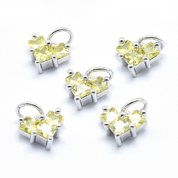 Brass Charms, with Cubic Zirconia, Cadmium Free & Nickel Free & Lead Free, Heart, Yellow, Real Platinum Plated, 7x8x4mm, Hole: 3mm