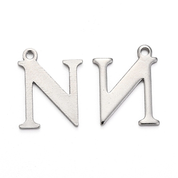 304 Stainless Steel Alphabet Charms, Stainless Steel Color, Letter.N, 12x9.5x1mm, Hole: 1mm