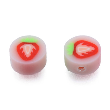 Handmade Polymer Clay Beads, Flat Round with Strawberry, Red, 9.5x4.5~5mm, Hole: 1.6mm