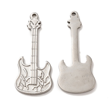304 Stainless Steel Pendants, Guitar Charm, Stainless Steel Color, 44x18x2mm, Hole: 2mm