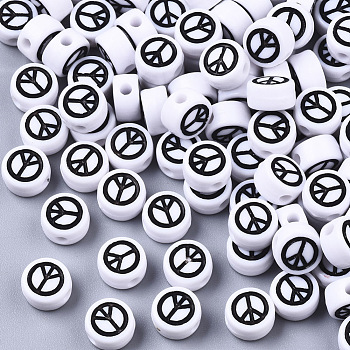 Opaque Acrylic Beads, with Enamel, Flat Round with Peace Sign, Black, White, 7x4mm, Hole: 1.6mm