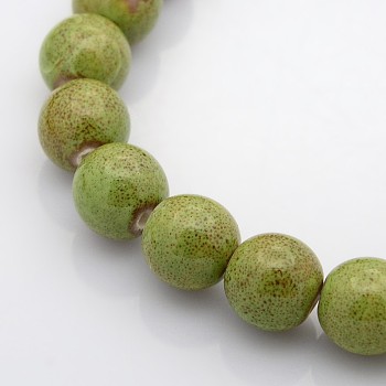 Handmade Fancy Antique Glazed Porcelain Ceramic Round Beads Strands, Yellow Green, 12~13mm, Hole: 2mm, about 30pcs/strand, 15.74 inch