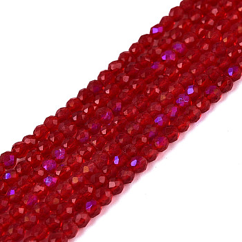 Electroplate Transparent Glass Beads Strands, Bicone, Faceted, Dark Red, 2~2.3x1.8~2mm, Hole: 0.5~0.6mm, about 182~195pcs/strand, 13.98~14.76 inch(35.5~37.5cm)