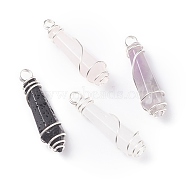 Natural Pointed Gemstone Pendants, with Copper Wire Wrapped, Bullet, Silver, 36.5x10.5x10.5mm, Hole: 3.5mm(PALLOY-JF01295)