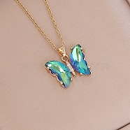 Fashionable Gradient Butterfly Alloy Glass Pendant Necklace, Unique Clavicle Chain for Women, Golden, Light Green, show in picture(LK8571-4)