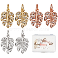 6Pcs 3 Colors Brass Micro Pave Cubic Zirconia Charms, Tropical Leaf Charms, Monstera Leaf, Lead Free & Nickel Free & Cadmium Free, Mixed Color, 14x9.5x2mm, Hole: 3mm, 2pcs/color(KK-BBC0002-72)