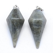 Natural Labradorite Pointed Pendants, with Brass Findings, Bullet, Platinum, 38.5x16x14.5mm, Hole: 5x8mm(KK-E757-F-18P)