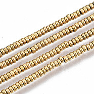 Electroplate Non-magnetic Synthetic Hematite Beads Strands, Flat Round, Real 18K Gold Plated, 2x1mm, Hole: 0.5mm, about 354~361pcs/strand, 15.75 inch~15.94 inch(40cm~40.5cm)(X-G-T114-85G)