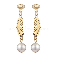 304 Stainless Steel Leaf Dangle Stud Earrings, with Shell Pearl, Golden, 41x8mm(EJEW-TA00412)