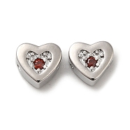 Real Platinum Plated Brass Beads, with Glass, Heart, Coconut Brown, 7x7.5x3.5mm, Hole: 1mm(KK-H455-09P-02)