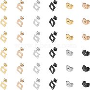 304 Stainless Steel Stud Earring Findings, with Ear Nuts, Rhombus, Mixed Color, 13.5x13.5mm, Hole: 1.2mm, Pin: 0.7mm, side length: 10mm, 4colors, 10pcs/color, 40pcs/box(STAS-UN0015-34)