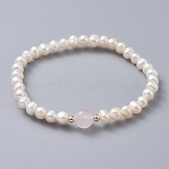 Stretch Grade A Natural Freshwater Pearl Bracelets, with Natural Rose Quartz Beads and Brass Beads, 2 inch(5.1cm)(X-BJEW-JB04623-01)