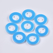 Resin Buttons, 2-Hole, Flat Round, Deep Sky Blue, 13x2mm, Hole: 1.8mm, about 1000pcs/bag(BUTT-Q041-01I)