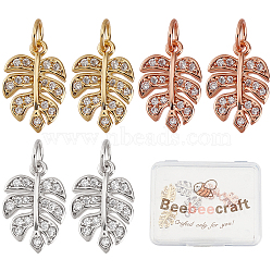 Beebeecraft 6Pcs 3 Colors Brass Micro Pave Cubic Zirconia Charms, Tropical Leaf Charms, Monstera Leaf, Lead Free & Nickel Free & Cadmium Free, Mixed Color, 14x9.5x2mm, Hole: 3mm, 2pcs/color(KK-BBC0002-72)