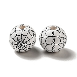 Halloween Printed Spider Webs Colored Wood European Beads, Large Hole Beads, Round, White, 16mm, Hole: 4mm(X1-WOOD-K007-04G)
