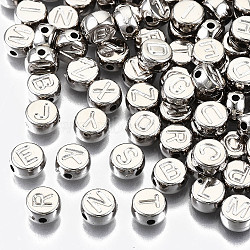 CCB Plastic Beads, Horizontal Hole, Flat Round with Letter, Platinum, 7x4mm, Hole: 1.8mm, about 330pcs/50g(X-CCB-N004-002P)