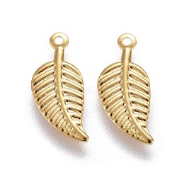 304 Stainless Steel Charms, Leaf, Real 24k Gold Plated, 14x6x0.5mm, Hole: 0.8mm(STAS-L221-40G)